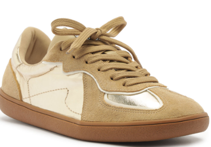Tênis Arezzo Rasteiro Multimaterial couro Dourado/Marrom