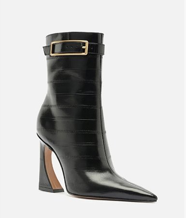 Bota Arezzo Preta Couro Cano Médio Salto Flare Fivela