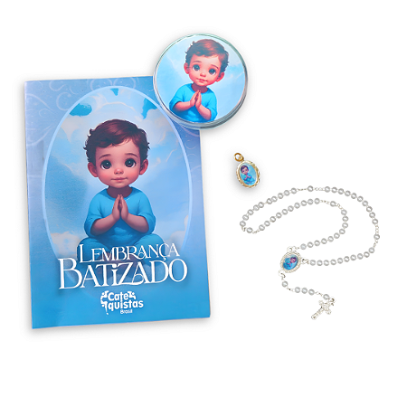 Lembrança de Batizado Menino - Kit Terço, medalha e cartão