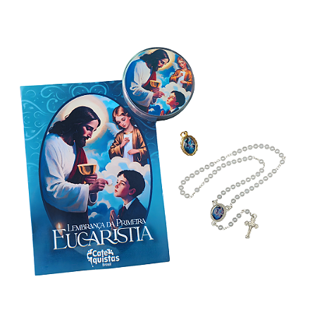 Lembrança de Primeira Eucaristia - Kit Terço, medalha e cartão