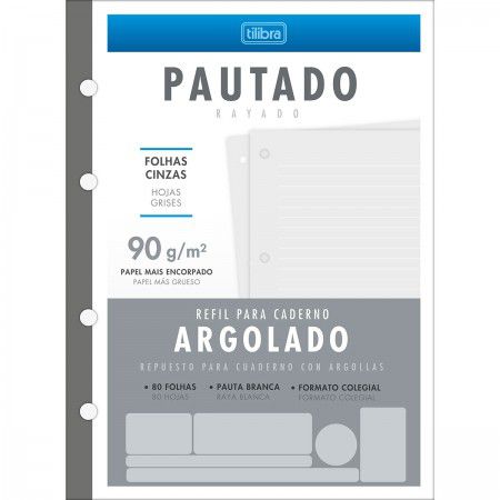 REFIL  ARGOLADO COL. 80 FOLHAS CINZAS C/ PAUTAS BRANCAS