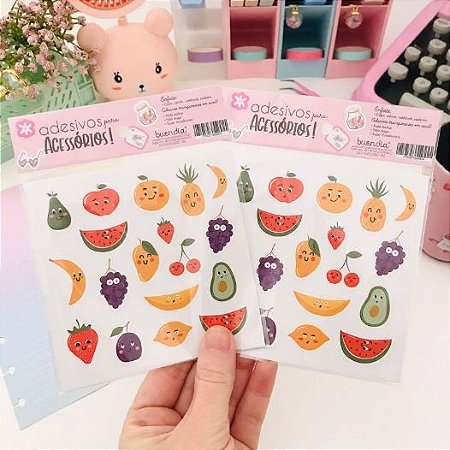 CARTELA DE ADESIVOS TRANSPARENTE FRUTAS KAWAII