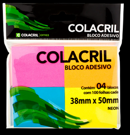 BLOCO ADESIVO NEON 38x50MM 4PCS 100 FLS