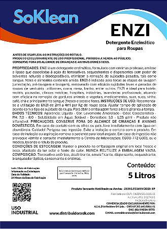 ENZY DETERGENTE ENZIMÁTICO TEXTIL 5 LITROS LAVANDERIA PROFISSIONAL - SOKLEAN