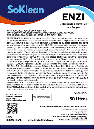 ENZY DETERGENTE ENZIMÁTICO TEXTIL 50 LITROS LAVANDERIA PROFISSIONAL - SOKLEAN