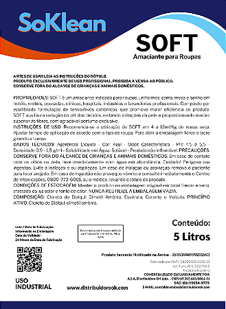 SOFT AMACIANTE TEXTIL 5 LITROS LAVANDERIA PROFISSIONAL - SOKLEAN