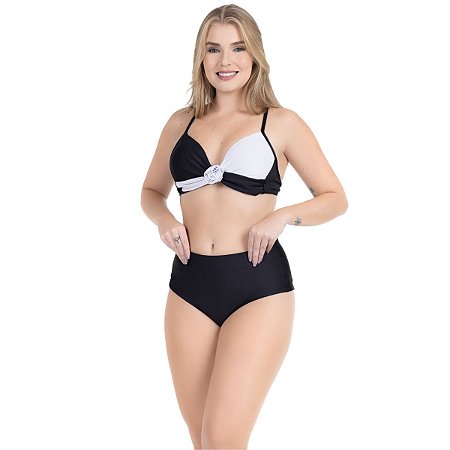 Biquíni Feminino Transpassado Flor Bicolor Calcinha Cós Alto