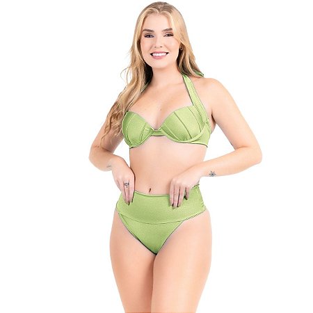 Bikini Top Retrô Aro Meia Taça Hot Pant Cintura Media Femini