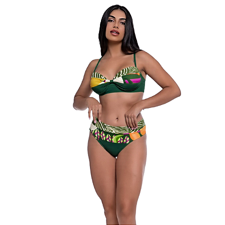 Bikini Feminino Bojo Fixo Meia Taça Estampa Dupla Cós Alto