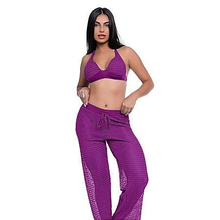 Saída De Praia Calça Crochê Tela Vazado Estilo Verão Leve