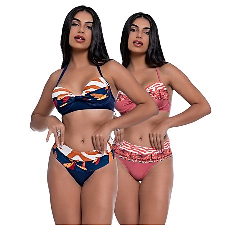 Kit 2 Biquini Feminino Bojo Meia Taça Estampa Dupla Cós Alto