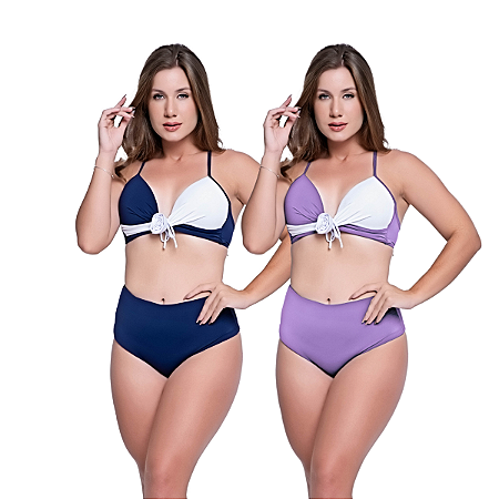 Biquínis Feminino Kit 2 Peças Bicolor Chapa Barriga Cós Alto Modelador