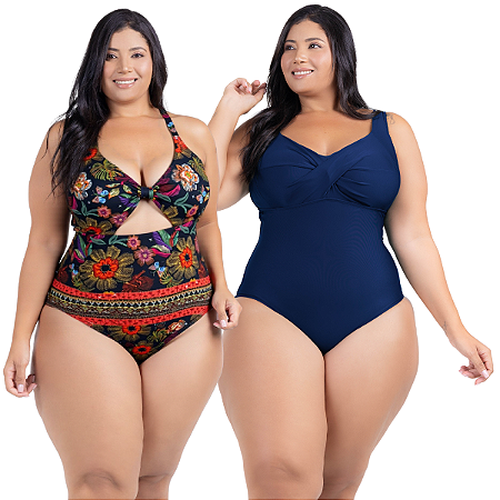 Kit 2 Maiôs Plus Size Chapa Barriga Liso Estampado Com Bojo Removível