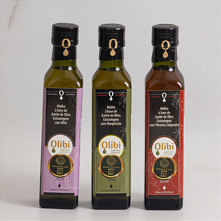 Trio Mediterrâneo: Azeites Aromatizados Olibi Manjericão, Alho e Pimenta (250ml cada)