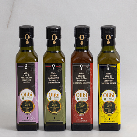 Quarteto Festa: Azeites Aromatizados Olibi Manjericão, Alho, Pimenta e Limão Siciliano (250ml cada)