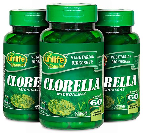 3 Potes de Clorella 180 cápsulas (500mg) - Unilife