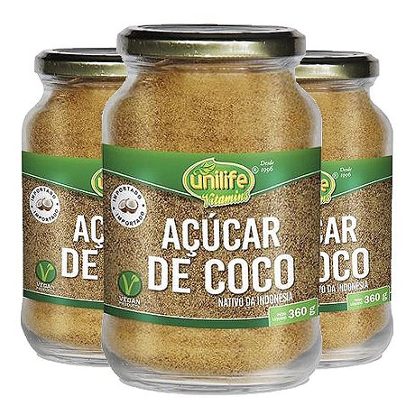 Açúcar de Coco - Kit com 3 - Pote de 360g  - Unilife