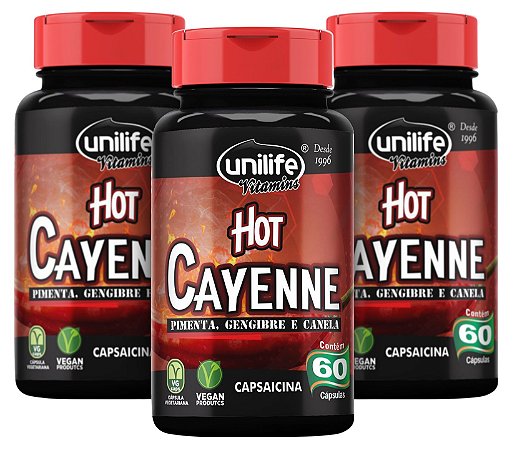 Canela, Gengibre e Pimenta Termogênico - Kit com 3 - 180 cápsulas Hot Cayenne