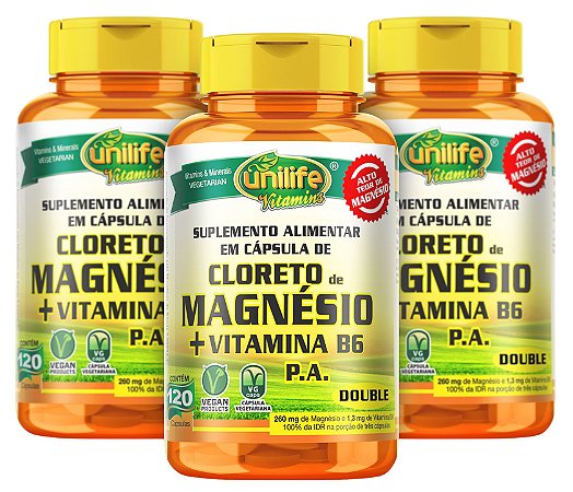 Cloreto de Magnésio P. A. com Vitamina B6 - Kit com 3 - Unilife - 360 Cápsulas