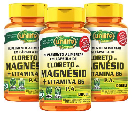Cloreto de Magnésio PA com Vitamina B6 - Kit com 3 - Unilife 180 cápsulas