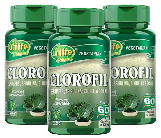 Clorofil - Espinafre, Spirulina, Clorella e Couve - Kit com 3 - 180 Cápsulas  Unilife