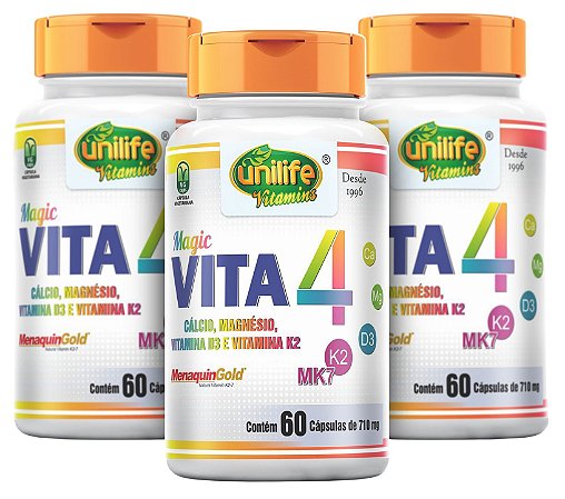 Vita4 com Cálcio, Magnésio, Vitamina D3 e K2 - Kit com 3 - 180 caps