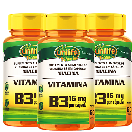 Vitamina B3 Niacina - Kit com 3 - 180 Caps- Unilife
