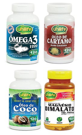 Kit Quarteto Saúde Unilife: 1 omega3 + 1 Cartamo + 1 Oleo de Coco + 1 Dimalato