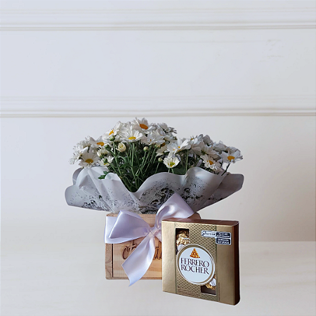 Caixa White Heart - Margaridas e  Ferrero Rocher 04 Und