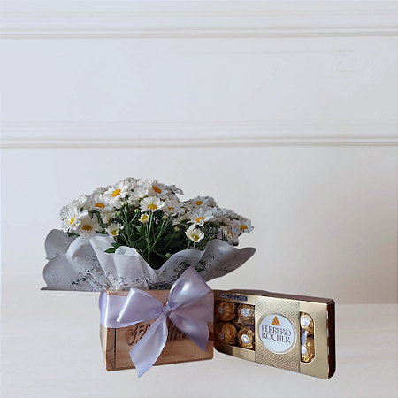 Caixa White Heart - Mini Margarida Branca com Ferrero Rocher