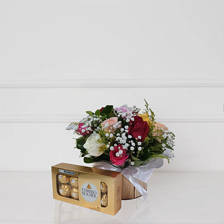 Caixa Loving - 12 Rosas Coloridas e Ferrero Rocher