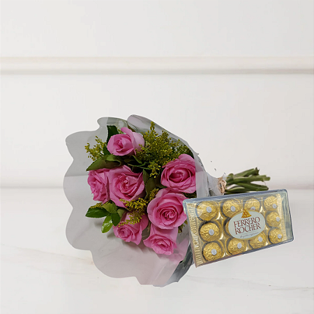 Buquê Classic - 07 Rosas Rosas e Ferrero Rocher