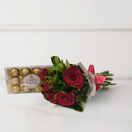 Buquê Classic - 06 Rosas Vermelhas e Ferrero Rocher