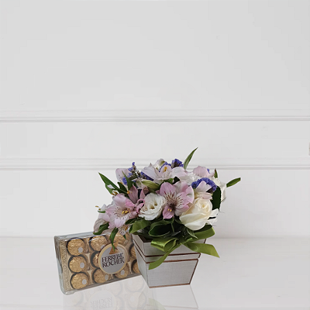 Caixa Lilac Heart - Rosas e Astromélias e Ferrero Rocher