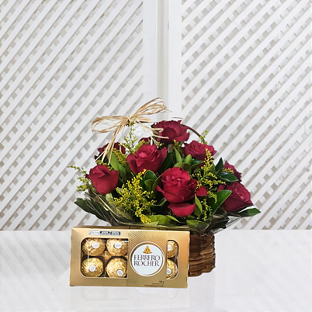 Cesta Classic - 09 Rosas Vermelhas com Ferrero Rocher