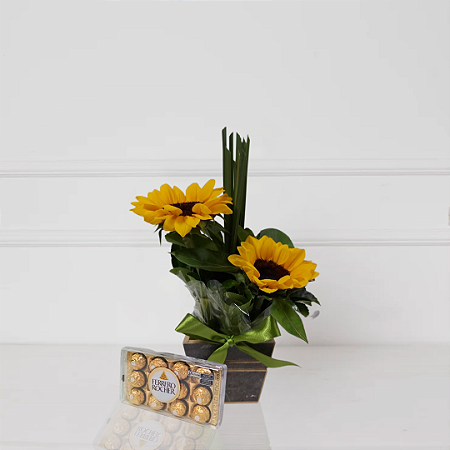 Caixa Yellow Heart - Girassóis e Ferrero Rocher