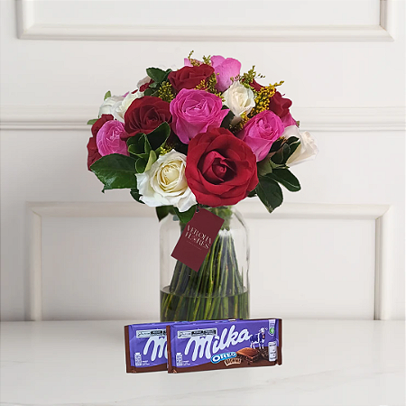 Chamego Três Cores - 24 Rosas com Milka