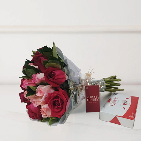 Buquê Amor Meu Três Cores - 15 Rosas e Raffaello