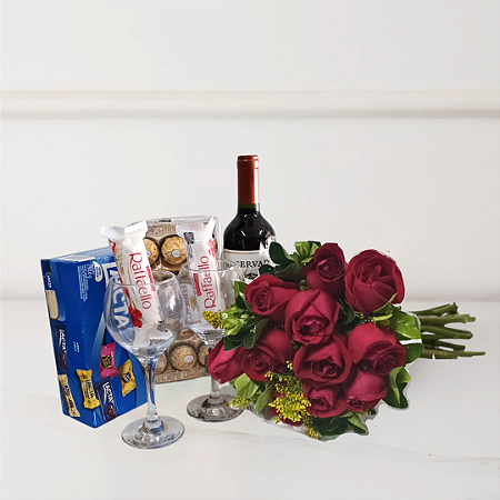 Kit Noite Especial - Buquê de 12 Rosas Vermelhas