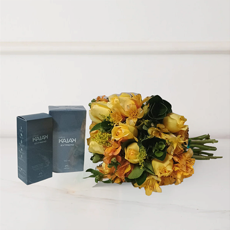Kit Natura e Flores - Buquê de Rosas e Astromélias Amarelas e KaiaK Extremo