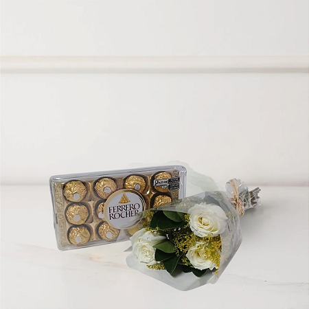 Ramalhete Classic - 03 Rosas Brancas e Ferrero Rocher