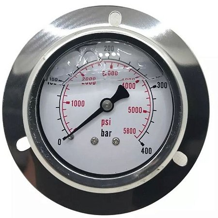Manometro em aço inox 304 de 2 e 1/2" em painel com borda com conexão traseira de 1/4" - 0 à 200 PSI ou 13 BAR/KGF