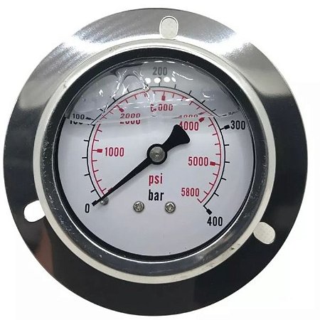 Manometro de 2 e 1/2" em aço inox 304 em painel com borda - conexão traseira de 1/4" - 0 à 300 PSI ou 20 BAR/KGF