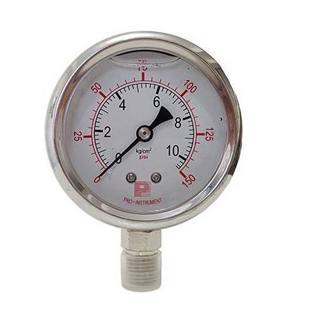 Manometro de 2 e 1/2" em aço inox 304 em linha - conexão Inferior de 1/4" - 0 à 200 PSI ou 13 BAR/KGF