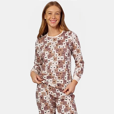 Pijama Cor Com Amor Manga Longa Calça Adulto Feminino Ursinhos