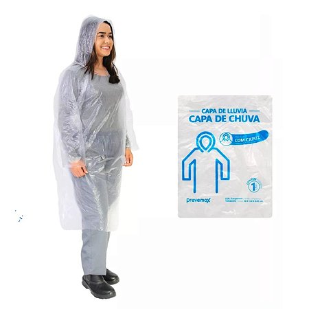 CAPA DE CHUVA DESCARTAVEL TRANSPARENTE COM CAPUZ  UNISSEX