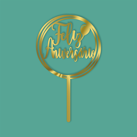 Topo de Bolo Feliz Aniversário Topper Dourado