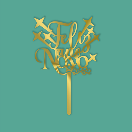 Topo de Bolo Dourado Feliz Ano Novo Topper