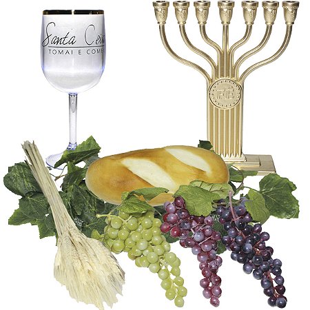 Kit Arranjo Santa Ceia Pão 3 Uvas Candelabro Taça e Trigo