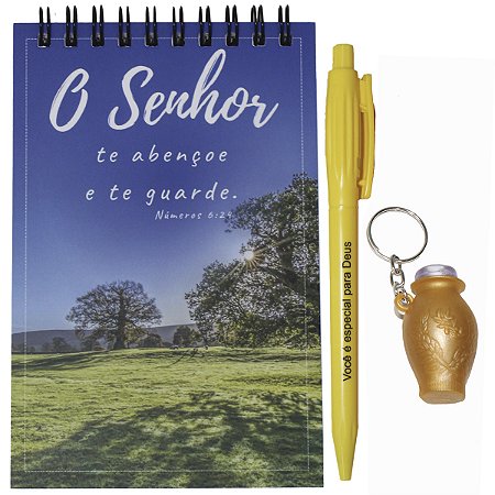 Kit 10 Lembrancinhas Evangélicas Caderneta Chaveiro Botija e Caneta